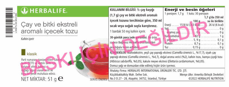 Herbalife Çay Klasik 51 g ürün etiketi: içindekiler listesi ve besin değerleri tablosu
