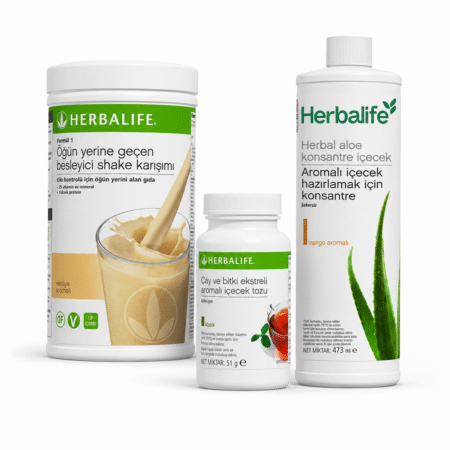 Herbalife kahvaltı seti; Formula 1 Vanilya shake, klasik aromalı bitkisel çay ve mango aromalı Herbal Aloe konsantre içecek