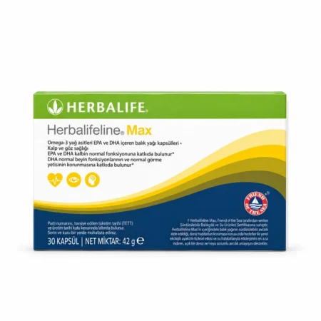 Beyaz arka planda Herbalifeline Max 42 g omega-3 kapsül ürün kutusu