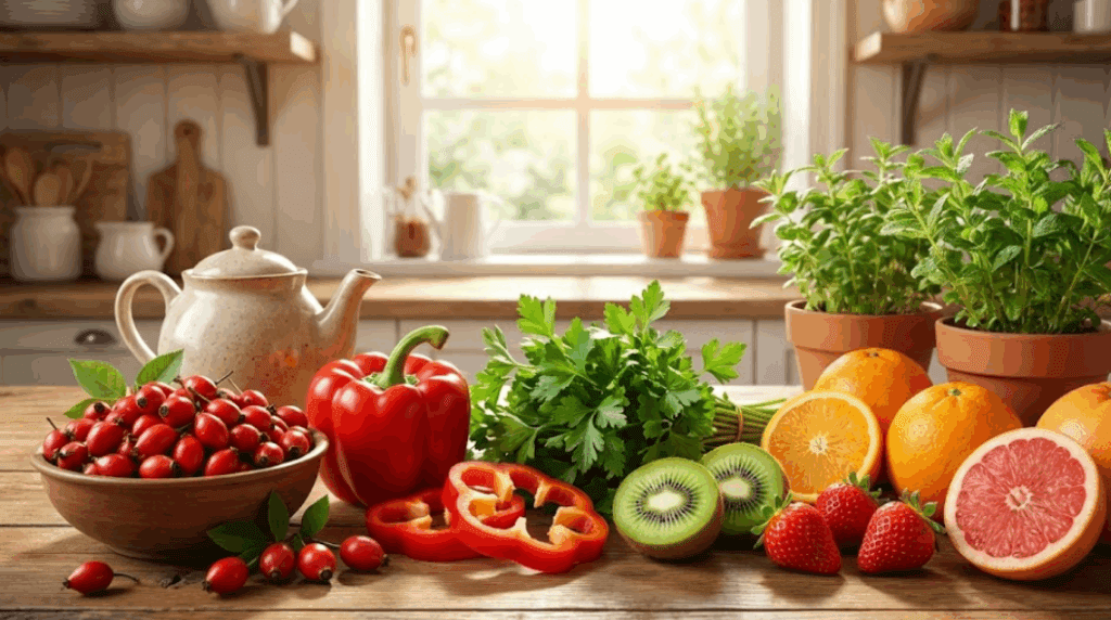 Modern ve aydınlık bir mutfakta, ahşap masa üzerinde sergilenen yüksek C vitamini kaynağı besinler: Bir kase kuşburnu, taze kırmızı biber, kivi dilimleri, çilek, portakal, greyfurt ve bir demet maydanoz.