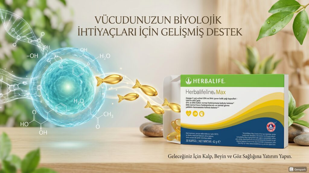 Besin Çantam sitesindeki "Omega-3 Balık Yağı Rehberi" Köşe Taşı İçerik makalesi için tasarlanmış, hücresel biyoyararlanımı ve moleküler emilimi gösteren bilimsel illüstrasyonlu kapak görseli. Görselde Herbalifeline Max ürün kutusu, altın balık şeklindeki Omega-3 molekülleri ve Türkçe metinler yer almaktadır: 'VÜCUDUNUZUN BİYOLOJİK İHTİYAÇLARI İÇİN GELİŞMİŞ DESTEK' ve 'Geleceğiniz İçin Kalp, Beyin ve Göz Sağlığına Yatırım Yapın.' Ayrıca 375 mg EPA ve 250 mg DHA değerlerini gösteren metin paneli okunmaktadır