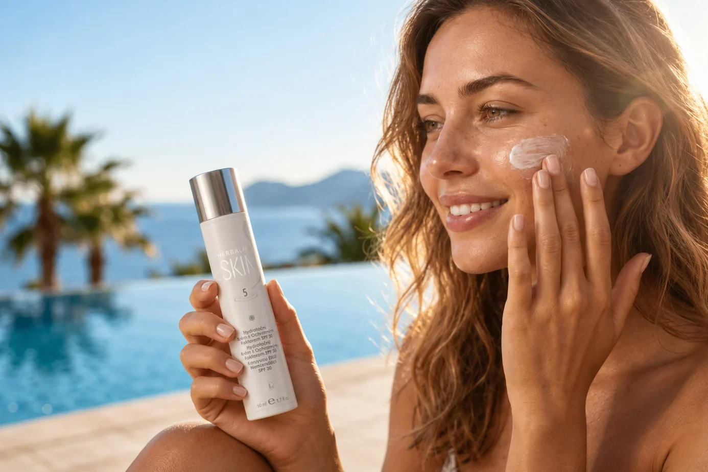 Açık havada yüzüne güneş koruyucu krem uygulayan kadın ve SPF ürünleri
