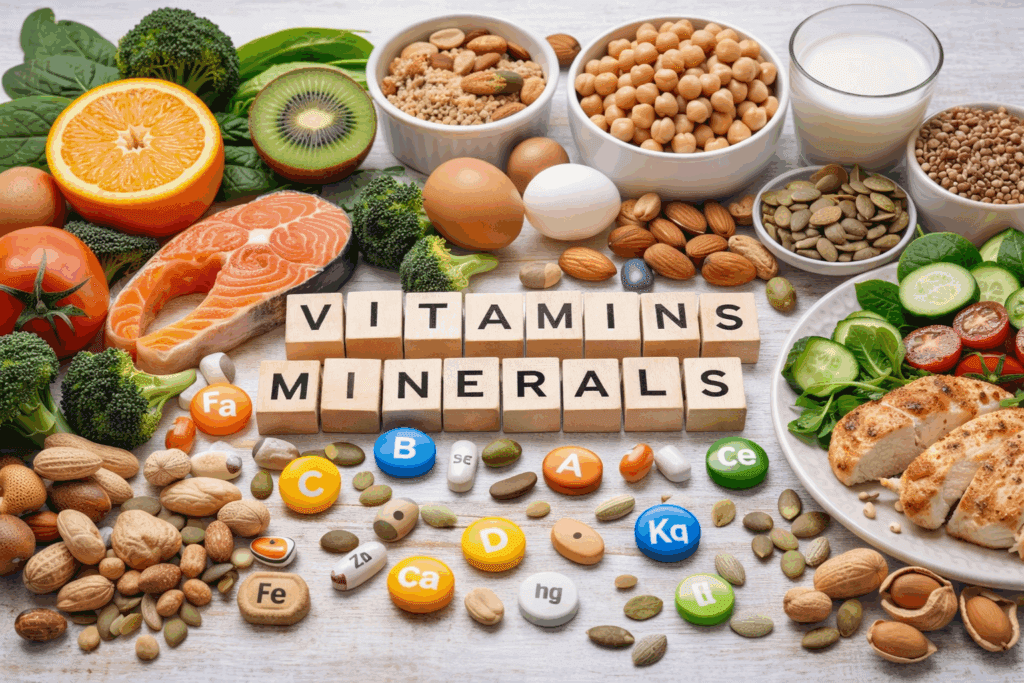 Vitamin ve mineraller açısından zengin meyve, sebze, baklagil, kuruyemiş ve protein kaynaklarının bir arada gösterildiği beslenme görseli