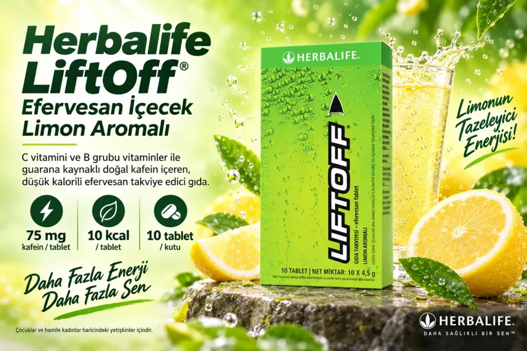 Herbalife LiftOff limon aromalı efervesan içecek reklam bannerı, limon aromalı enerji desteği ve düşük kalorili takviye edici gıda görseli