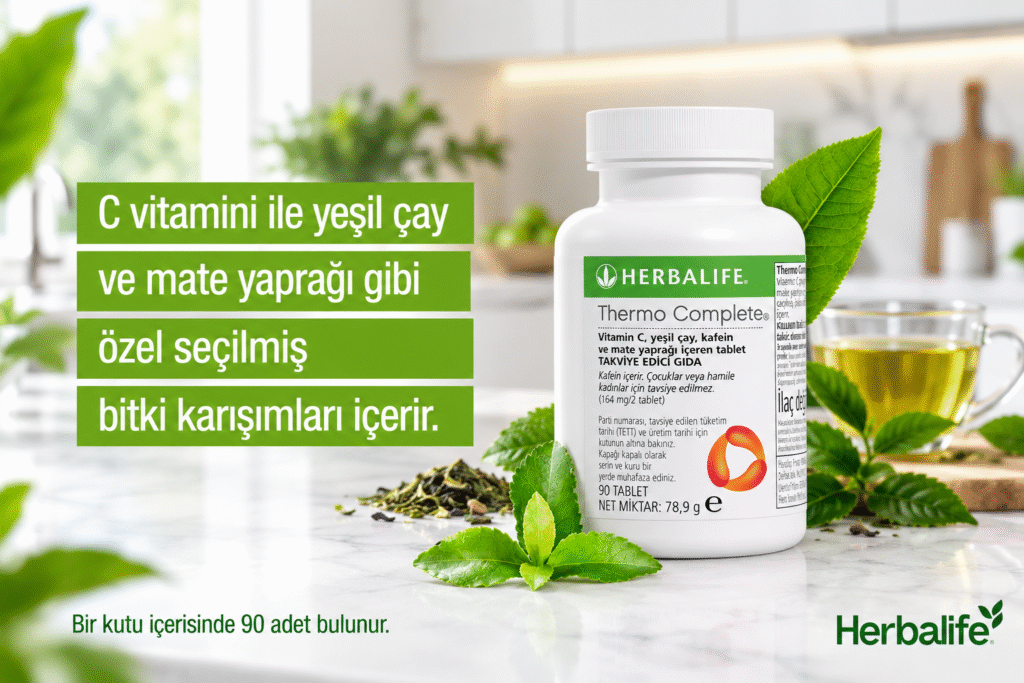 C vitamini, yeşil çay ve mate yaprağı içeren Herbalife Thermo Complete 90 tablet takviye edici gıda orijinal ürün ambalajı