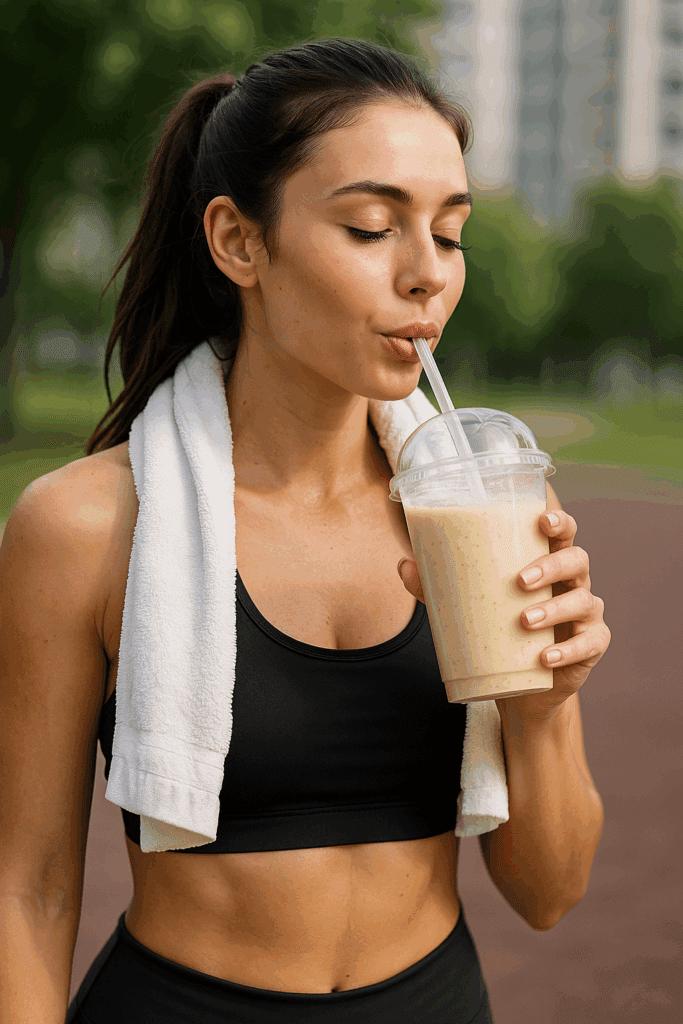 Spor sonrası muzlu Herbalife Formula 1 Shake içen genç kadın