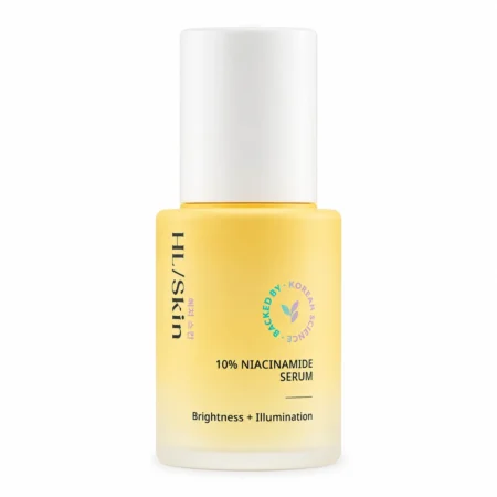 Beyaz arka plan üzerinde sarı şişeli HL/Skin %10 Niacinamide Serum