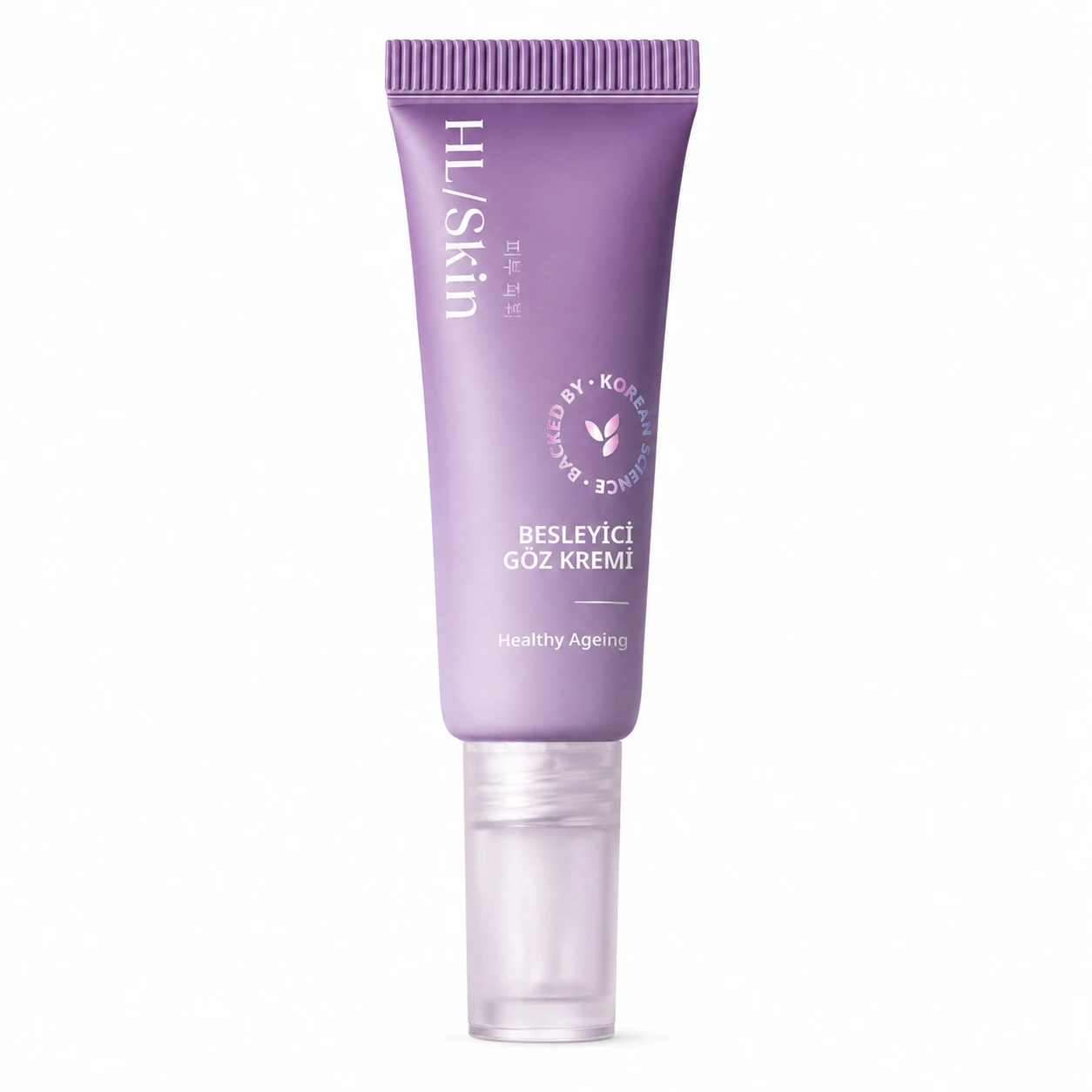 Beyaz arka plan üzerinde mor ambalajlı HL/Skin Besleyici Göz Kremi