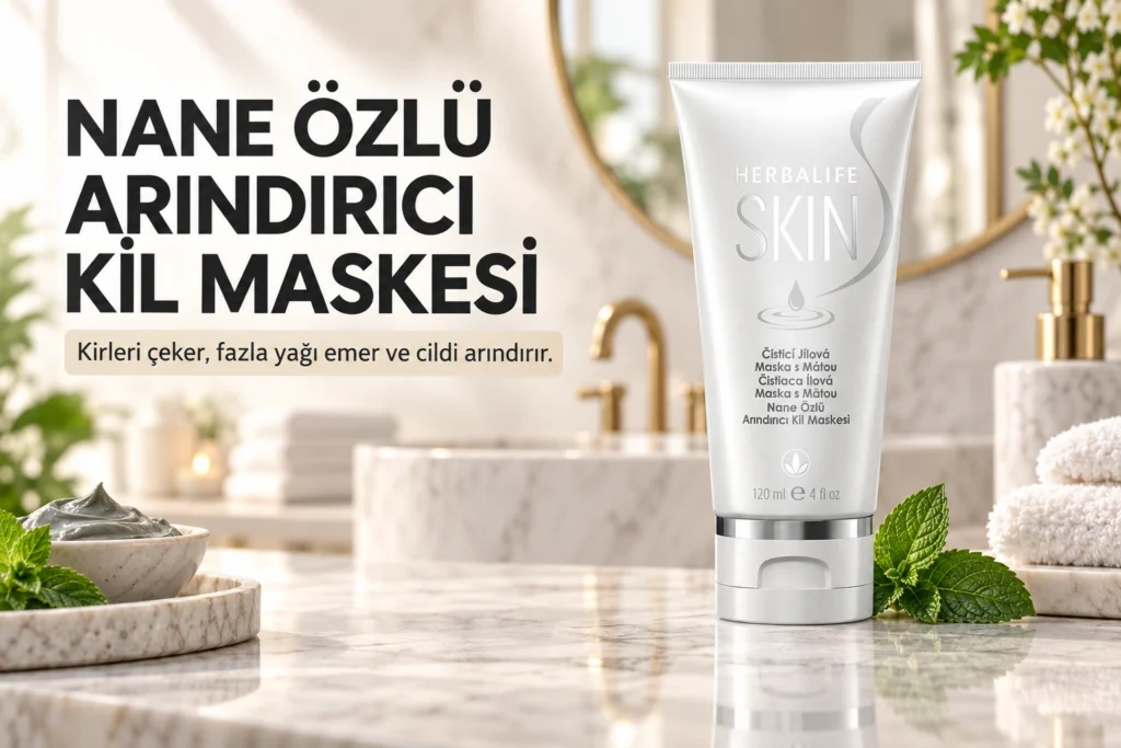 Kirleri çeken ve fazla yağı emerek cildi arındıran Herbalife SKIN nane özlü kil maskesi