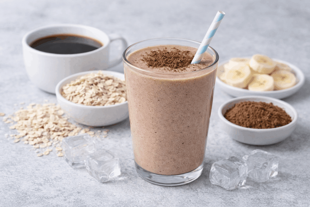 Çikolata aromalı kahveli muzlu enerji shake, süt, filtre kahve, muz dilimleri, yulaf, kakao ve buz ile hazırlanmış sağlıklı shake tarifi