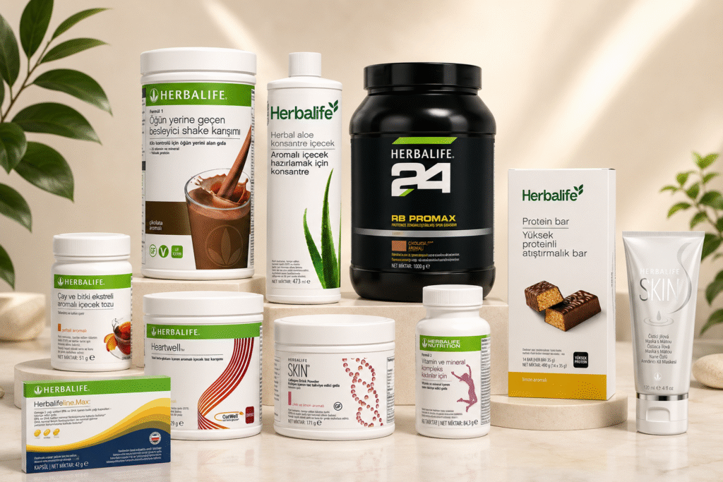 Herbalife ürün gruplarının bir arada görüldüğü ürün yelpazesi: shake, içecek, takviye ve bakım ürünleri