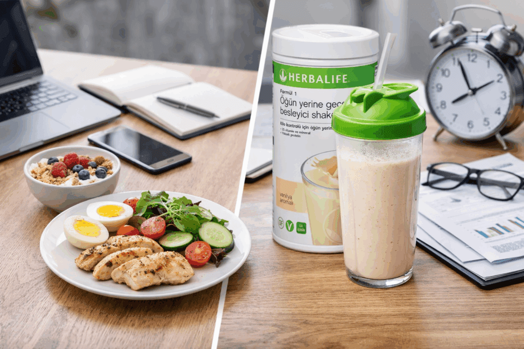 Yoğun çalışanlar için 15 dakikada hazırlanabilen sağlıklı öğün ve Herbalife Formül 1 vanilya aromalı öğün yerine geçen besleyici shake