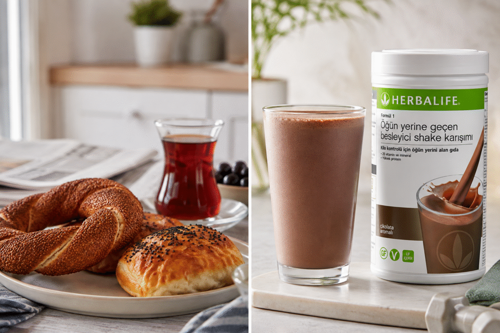 Sol tarafta simit, poğaça ve çaydan oluşan geleneksel kahvaltı; sağ tarafta Herbalife Formül 1 shake ile hazırlanmış proteinli içecek.