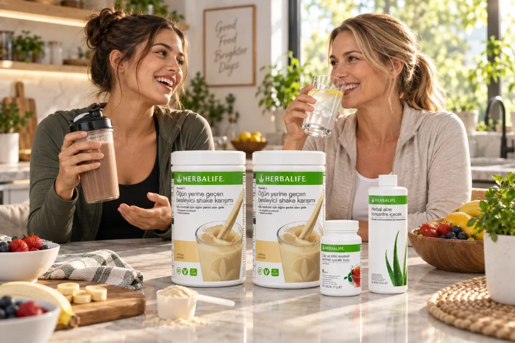 Modern ve aydınlık bir mutfakta Herbalife Formül 1 vanilya shake, bitki çayı ve aloe vera seti eşliğinde sağlıklı içeceklerini tüketerek sohbet eden iki mutlu kadın