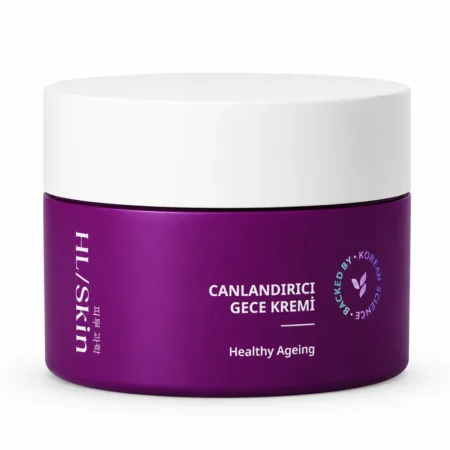 Beyaz arka plan üzerinde mor kavanozlu HL/Skin Canlandırıcı Gece Kremi