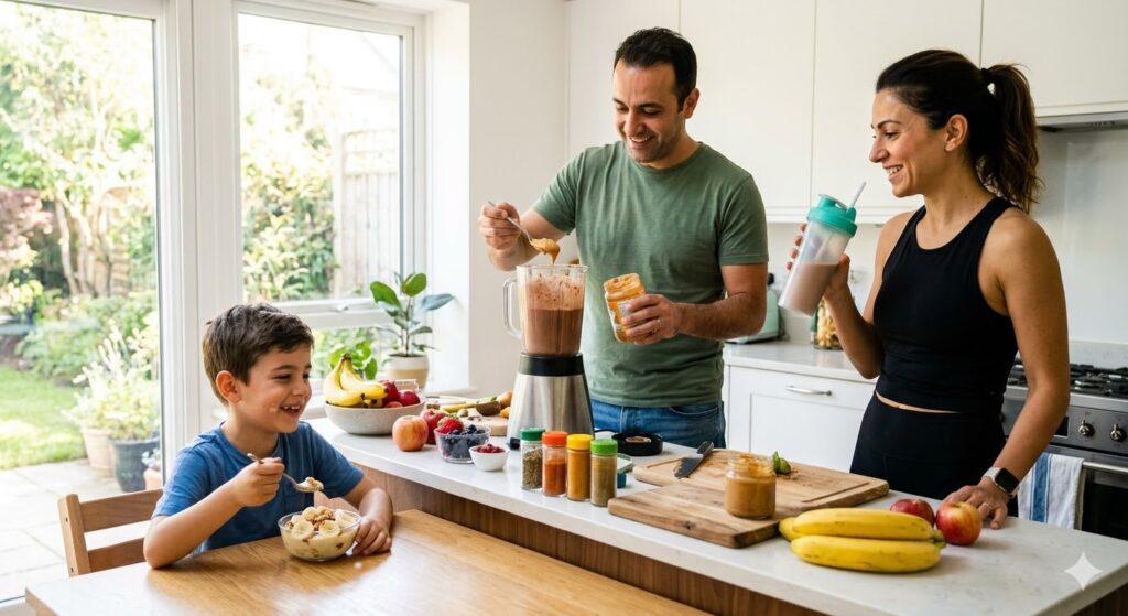 Mutfakta sağlıklı bir sabah rutini paylaşan mutlu aile; shakerdan shake içen sportif anne, blenderda fıstık ezmeli shake hazırlayan baba ve kasesinden muzlu puding yiyen çocuk görüntüsü.