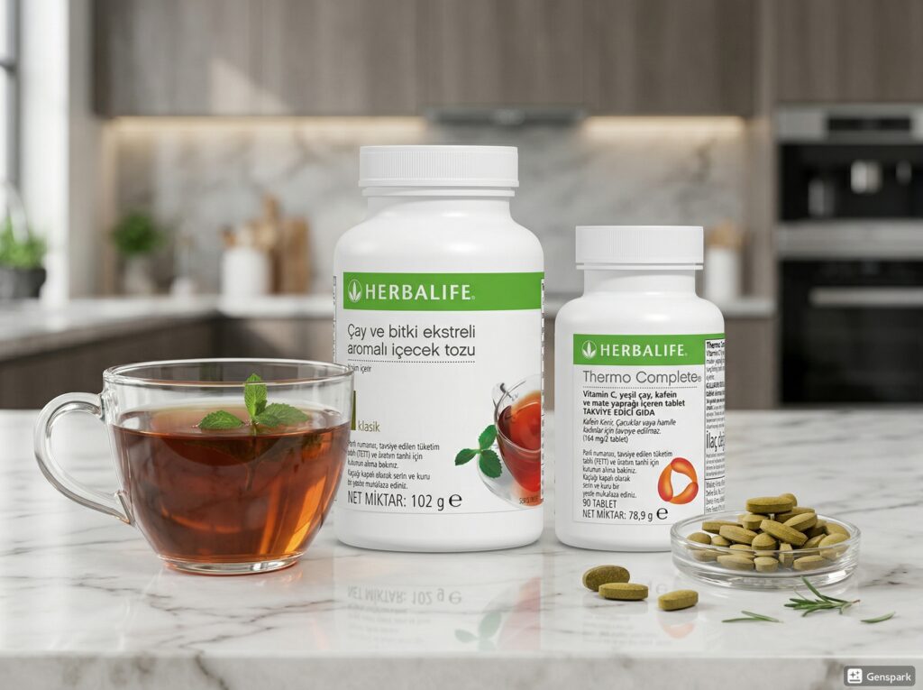 Mermer tezgah üzerinde Herbalife Klasik Çay ve Thermo Complete ürünlerinin sinerjik sunumu.