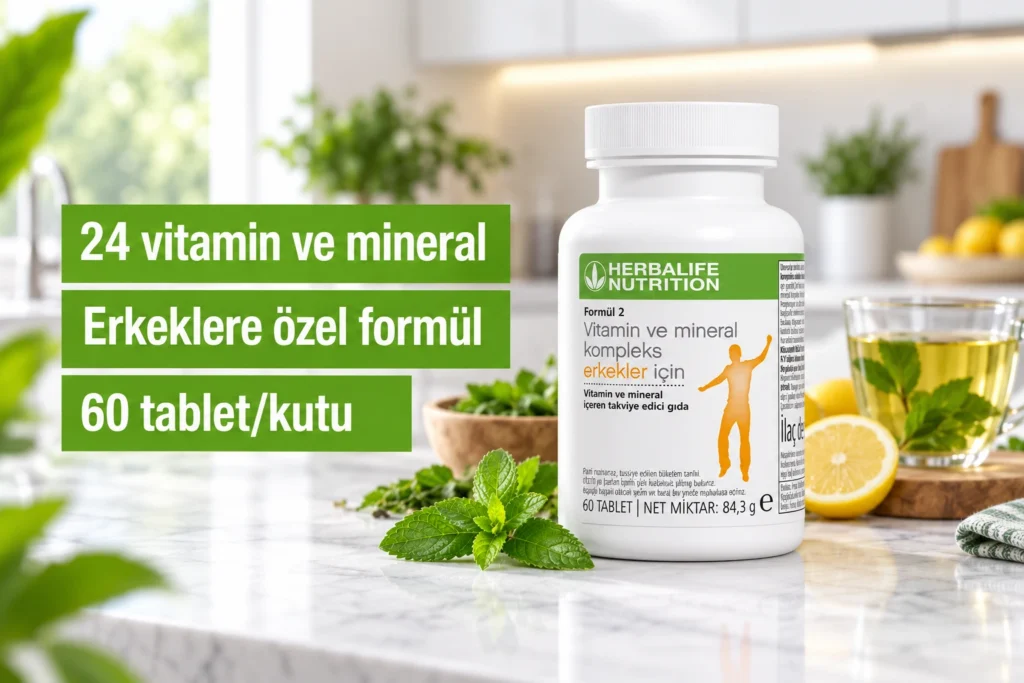 24 farklı vitamin ve mineral içeren, erkeklere özel formüle edilmiş Herbalife Formül 2 erkek vitamin kompleks 60 tablet kutusu