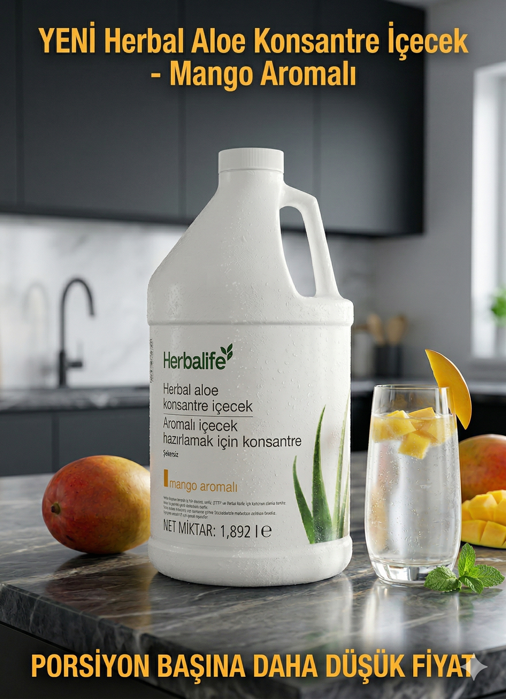 herbalife-herbal-aloe-konsantre-içecek-mango-büyük-boy-tr- Mutfak tezgahı üzerinde duran büyük, beyaz Herbalife Herbal Aloe Konsantre İçecek - Mango Aromalı şişesi; yanında mango küpleri ve nane ile süslenmiş buzlu bir bardak içecek ve bütün mangolar. Üstte "YENİ", altta "PORSİYON BAŞINA DAHA DÜŞÜK FİYAT" yazısı.