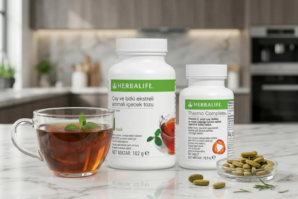 Cam fincanda taze demlenmiş Herbalife klasik bitki çayı (102g) ve yeşil çay ekstresi içeren Thermo Complete (90 tablet) metabolizma destek seti