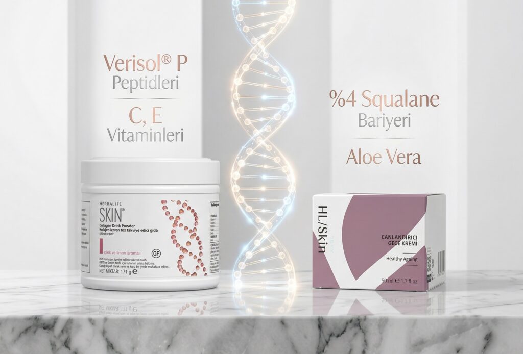 Mermer zemin üzerinde Herbalife Collagen Drink Powder (Verisol P) ve HL/Skin Canlandırıcı Gece Kremi ile 360 derece hibrit cilt bakım sinerjisi.