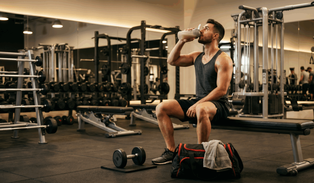 Spor salonunda antrenman sonrası bench sehpası üzerinde shaker ile protein tozu içen kaslı erkek sporcu