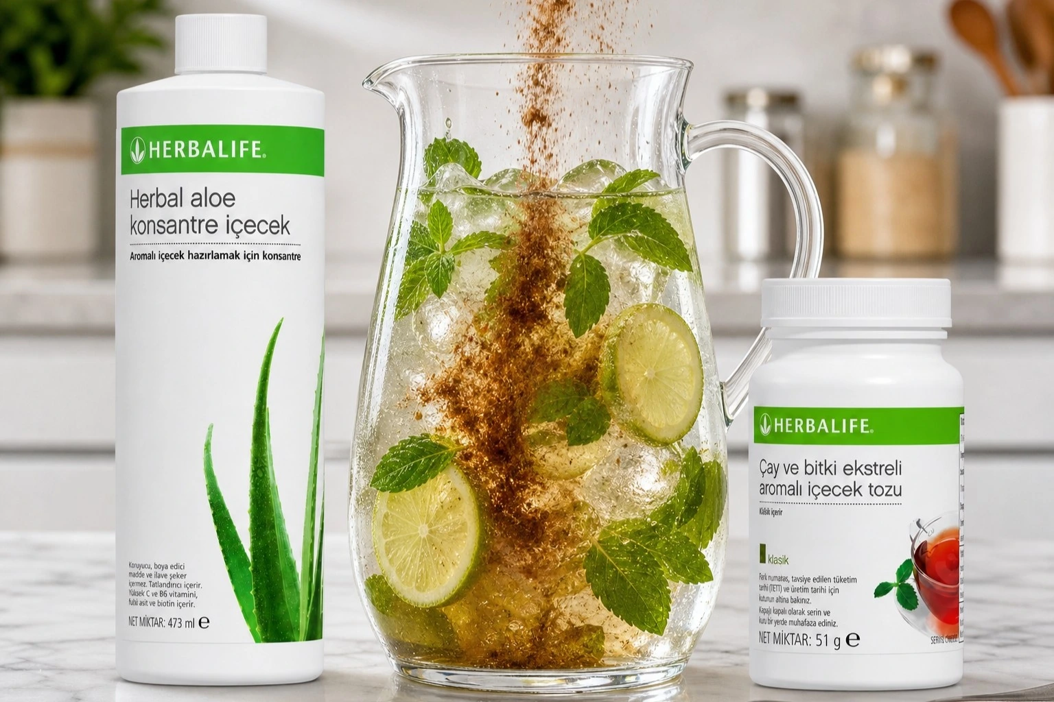Herbalife Turbo İçecek: bitkisel konsantre çay ve herbal aloe konsantre içecek bir sürahi suda hazırlanmış