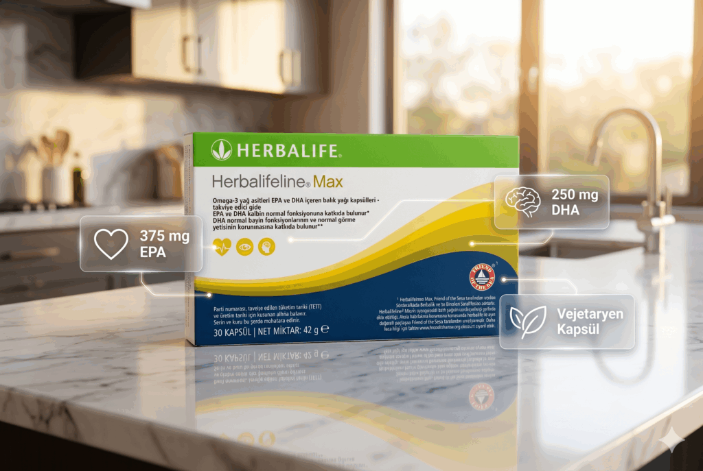 Herbalifeline Max kutusunun modern bir mutfak tezgahında görünümü. Görselde ürünün 375 mg EPA, 250 mg DHA içerdiği ve Friend of the Sea sertifikalı vejetaryen jel kapsül yapısına sahip olduğu vurgulanmaktadır.