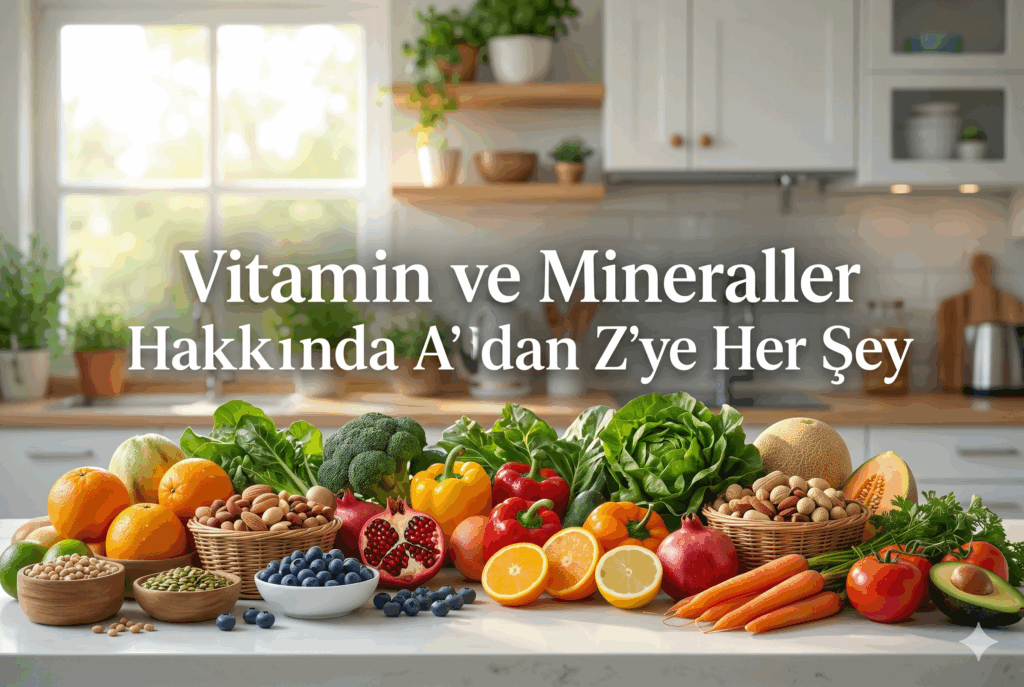 Modern bir mutfak tezgahı üzerinde taze meyve, sebze ve kuruyemişlerden oluşan doğal vitamin ve mineral kaynakları rehberi.