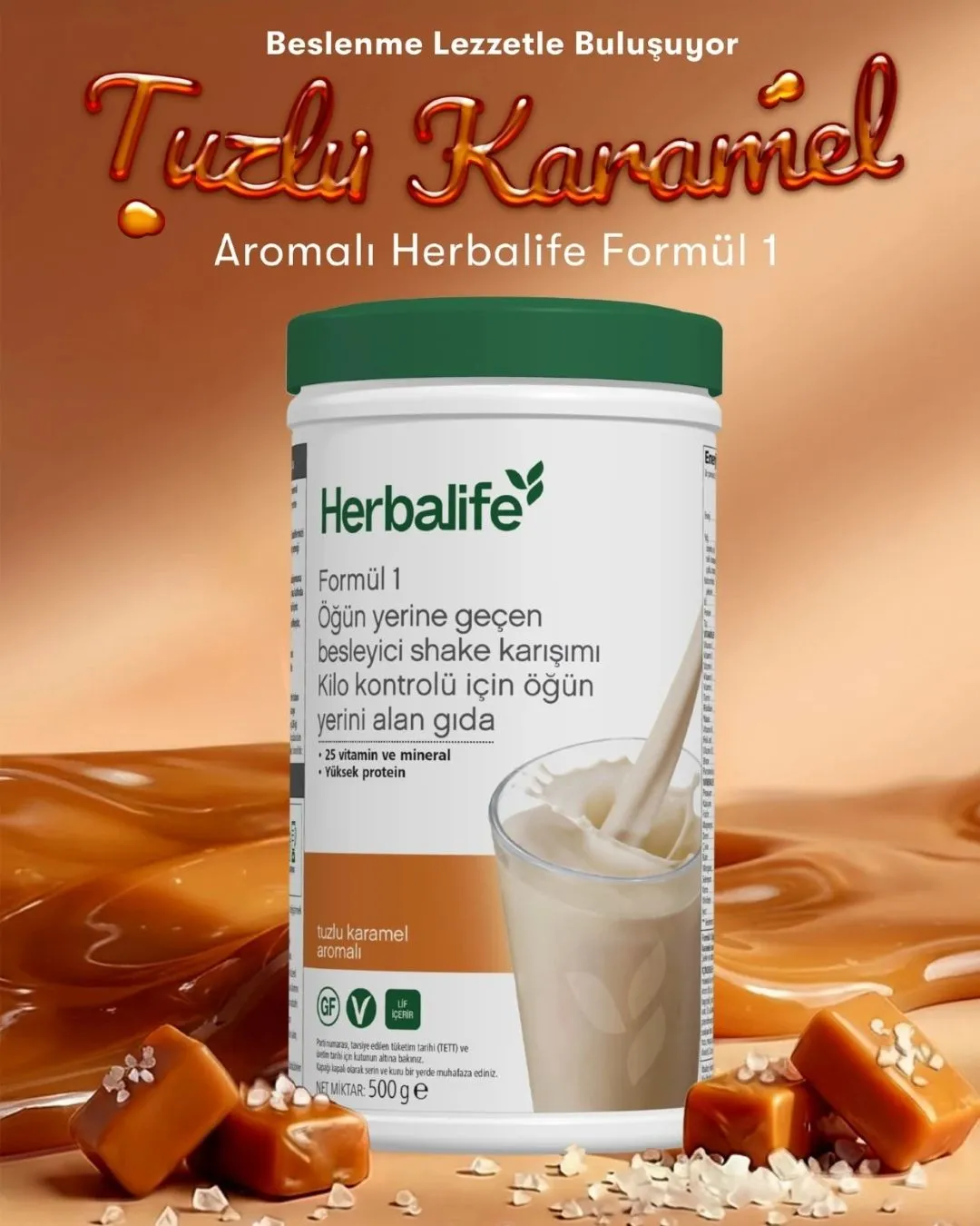 Herbalife Formül 1 Shake Tuzlu Karamel Aromalı 500 g Herbalife Formül 1 Tuzlu Karamel aromalı yüksek proteinli ve glutensiz öğün yerine geçen besleyici shake karışımı 500g