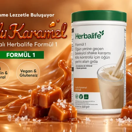 Herbalife Formül 1 shake tuzlu karamel aromalı 500 g orijinal kutusu; vegan, glutensiz, laktoz içermeyen ve 25 vitamin ile zenginleştirilmiş yüksek proteinli öğün yerine geçen besleyici karışım tanıtımı