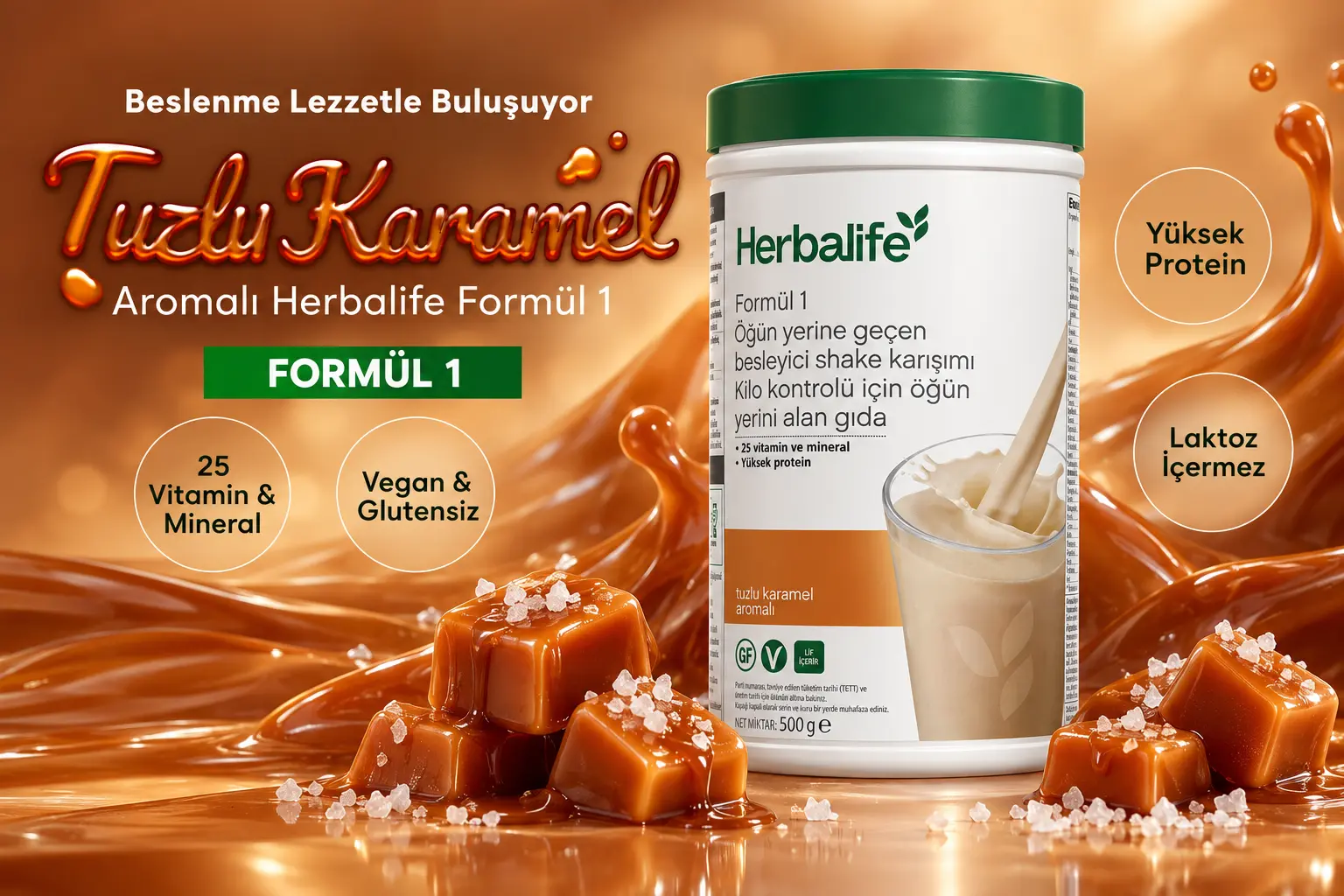 Herbalife Formül 1 shake tuzlu karamel aromalı 500 g orijinal kutusu; vegan, glutensiz, laktoz içermeyen ve 25 vitamin ile zenginleştirilmiş yüksek proteinli öğün yerine geçen besleyici karışım tanıtımı