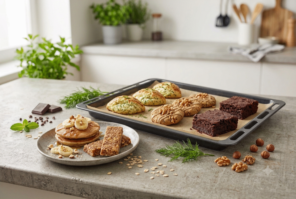 Herbalife Protein Bake Mix ile hazırlanan 5 fit tarif: dereotlu poğaça, ıslak kek, tahinli kurabiye, pankek ve H24 enerji barı mutfak sunumu.