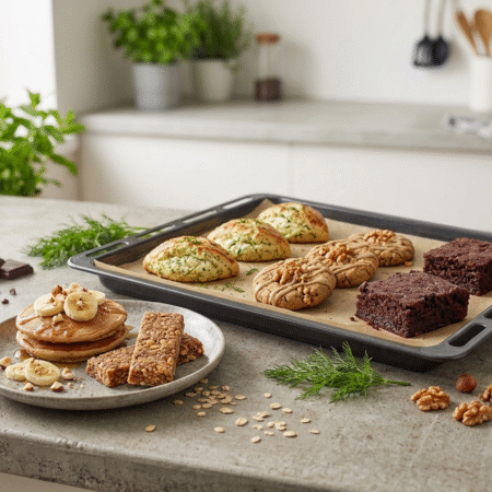 Herbalife Protein Bake Mix ile hazırlanan 5 fit tarif: dereotlu poğaça, ıslak kek, tahinli kurabiye, pankek ve H24 enerji barı mutfak sunumu.