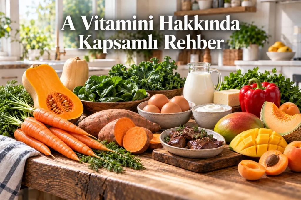 A Vitamini Hakkında Kapsamlı Rehber başlıklı, modern mutfak masasında A vitamini içeren havuç, tatlı patates, yumurta, ıspanak ve diğer besinleri gösteren görsel