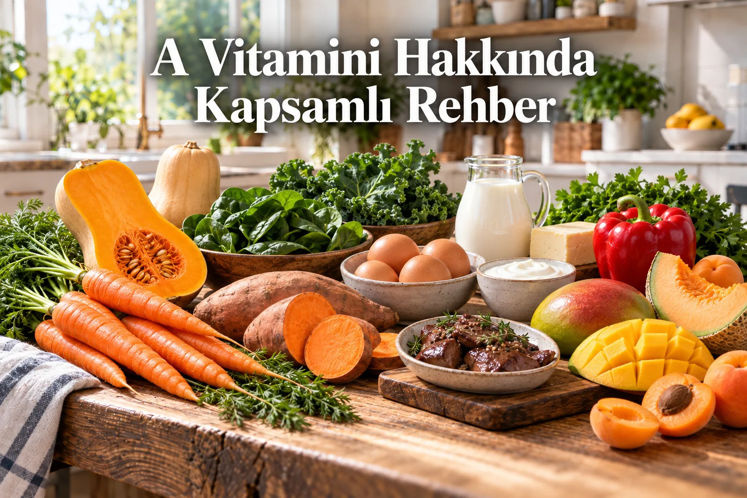 A vitamini kaynakları: havuç, tatlı patates, balkabağı, koyu yeşil yapraklılar, yumurta ve süt ürünleri