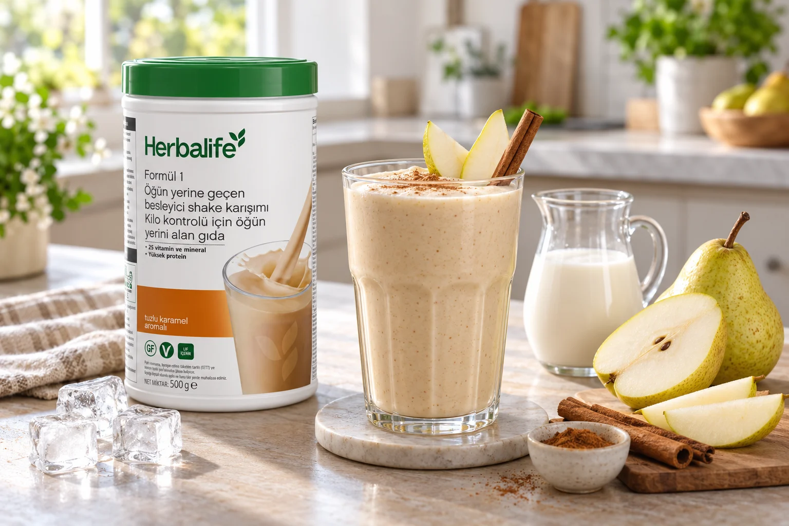 Herbalife tuzlu karamel aromalı shake, armut dilimleri ve tarçın ile hazırlanmış meyveli shake tarifi