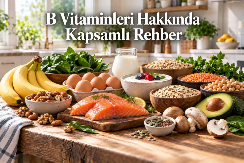 B Vitaminleri Hakkında Kapsamlı Rehber başlıklı, yumurta, somon, süt ürünleri, yeşil yapraklı sebzeler, baklagiller ve tam tahıllar içeren gerçekçi mutfak görseli.
