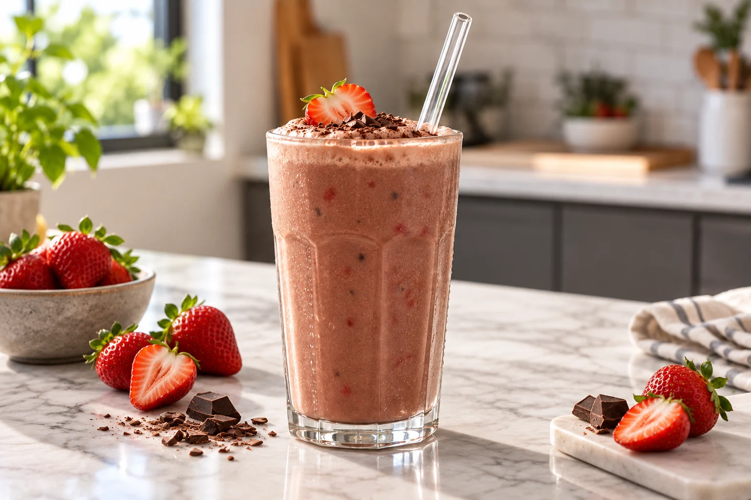 Herbalife çikolata aromalı shake ve taze çileklerle hazırlanmış çilekli çikolatalı shake tarifi