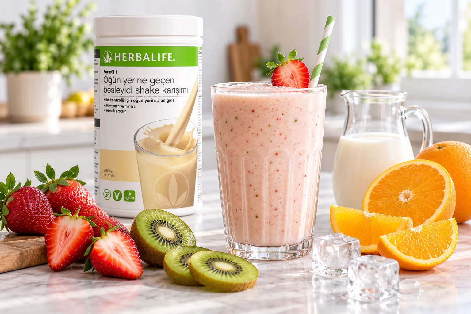 Herbalife vanilya aromalı shake, çilek, kivi ve portakal ile hazırlanmış resmî Herbalife Türkiye tarifi