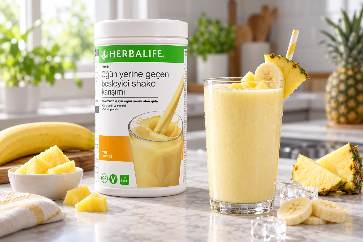 Herbalife muz aromalı shake ve taze ananas ile hazırlanmış tropikal shake tarifi
