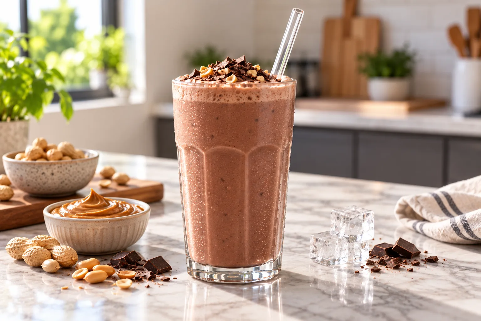 Herbalife çikolata aromalı shake ve yer fıstığı ezmesiyle hazırlanmış kremamsı shake tarifi