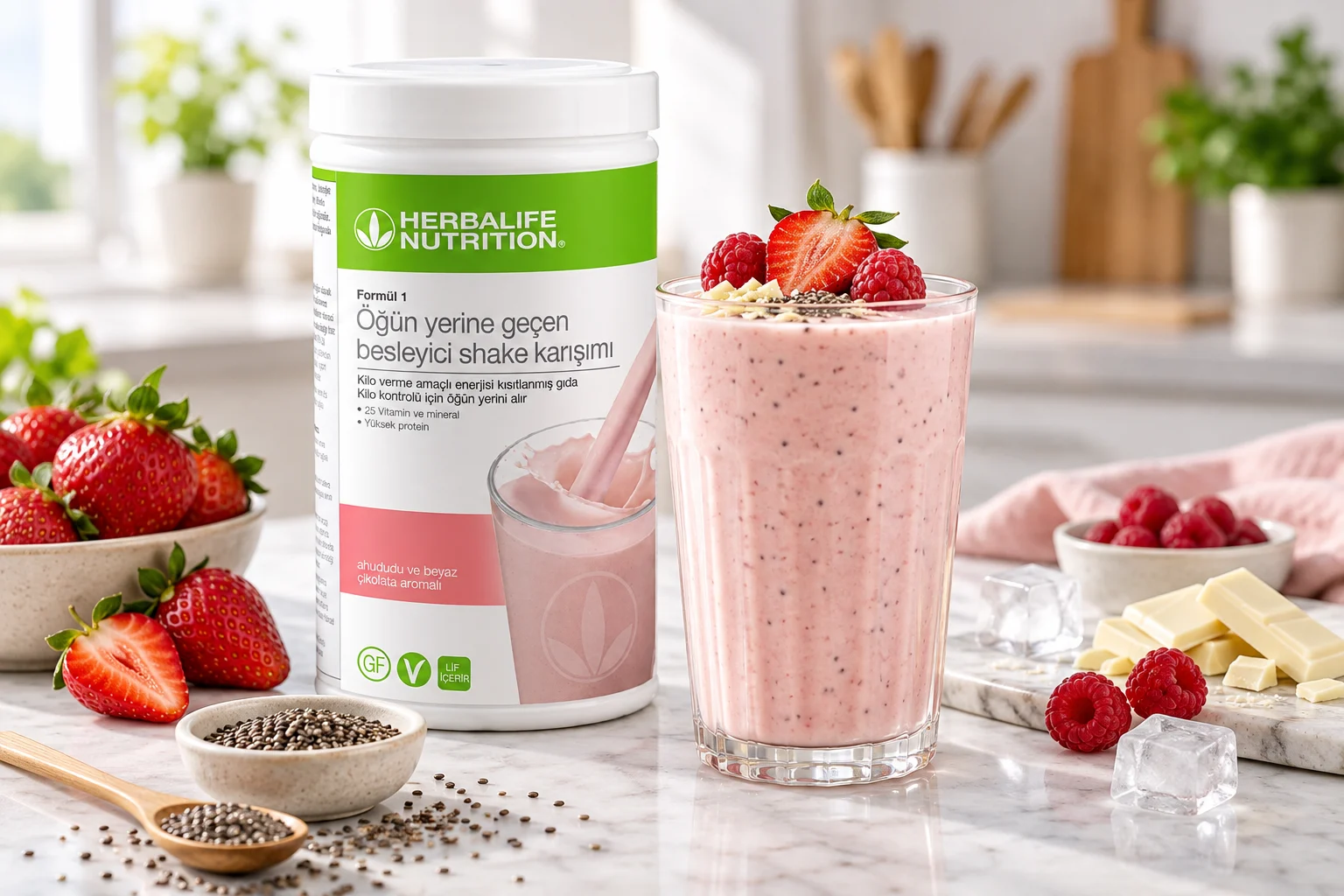 Herbalife ahududu ve beyaz çikolata aromalı shake, çilek ve chia tohumu ile hazırlanmış yoğun dokulu tarif