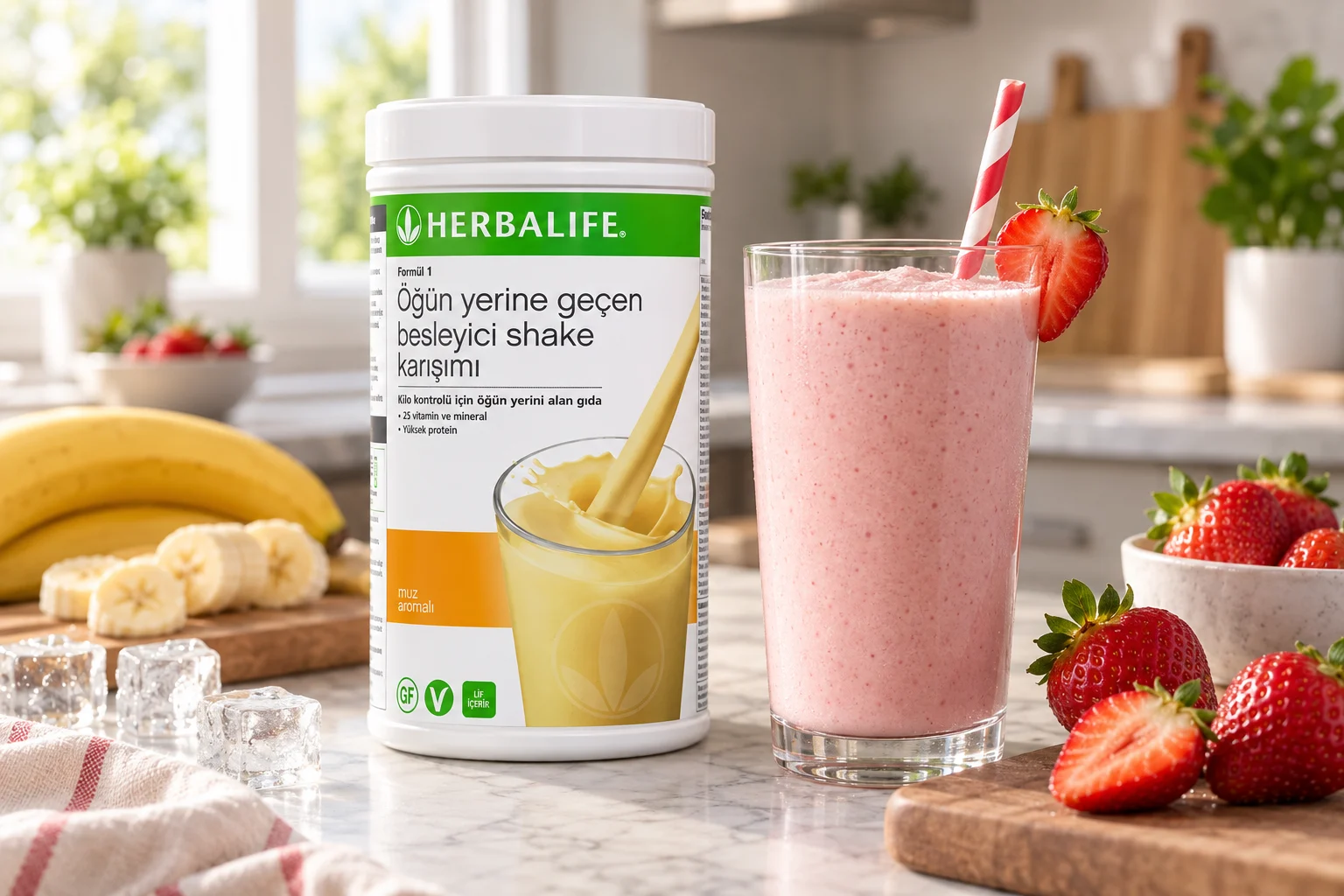 Herbalife muz aromalı shake ve taze çilek ile hazırlanmış çilekli muzlu shake tarifi