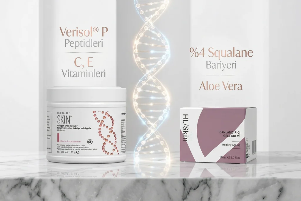 Verisol P peptidleri içeren Herbalife Skin kolajen içeceği ve %4 Squalane bariyerli HL/Skin canlandırıcı gece kremi cilt bakım seti