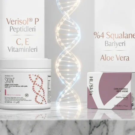Verisol P peptidleri içeren Herbalife Skin kolajen içeceği ve %4 Squalane bariyerli HL/Skin canlandırıcı gece kremi cilt bakım seti