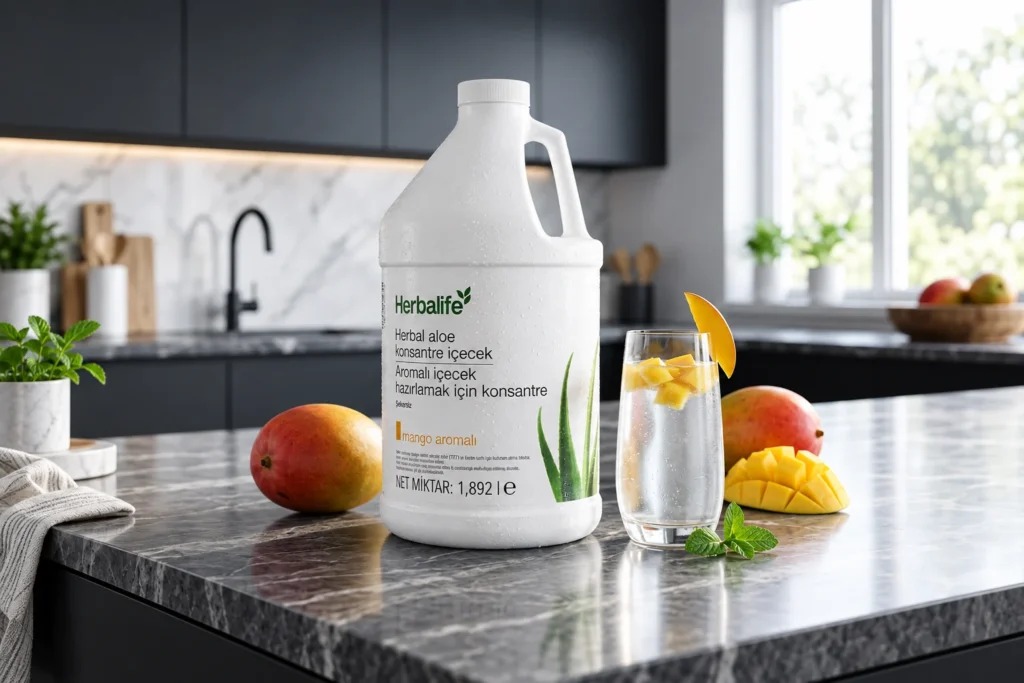 Herbalife Herbal Aloe Mango Aromalı Konsantre İçecek, mango ve hazırlanmış içecek ile modern mutfakta