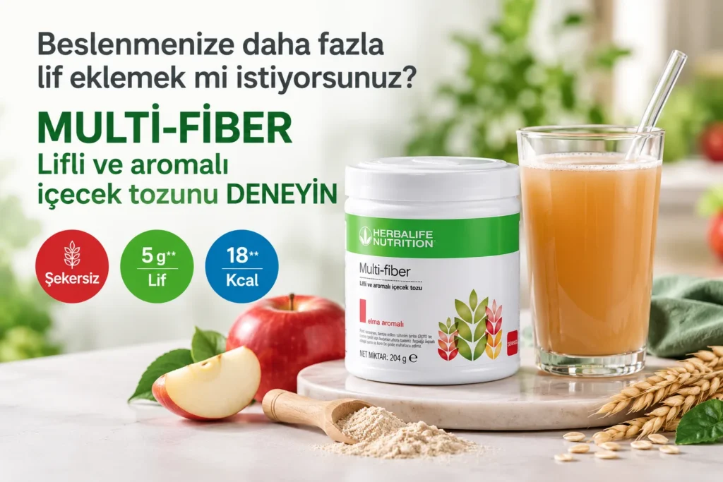 Herbalife Multi-Fiber Elma Aromalı Lifli İçecek Tozu, elma ve hazırlanmış içecek ile 3:2 makale banner görseli