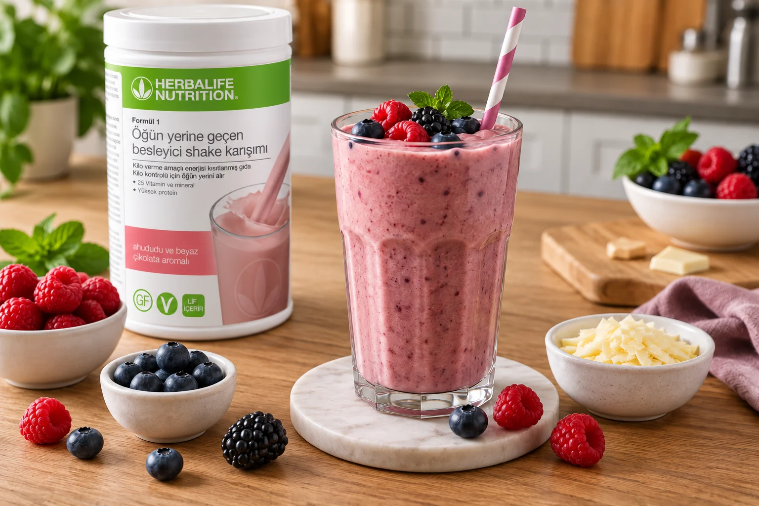 Herbalife ahududu ve beyaz çikolata aromalı shake, ahududu ve yaban mersini ile hazırlanmış orman meyveli tarif
