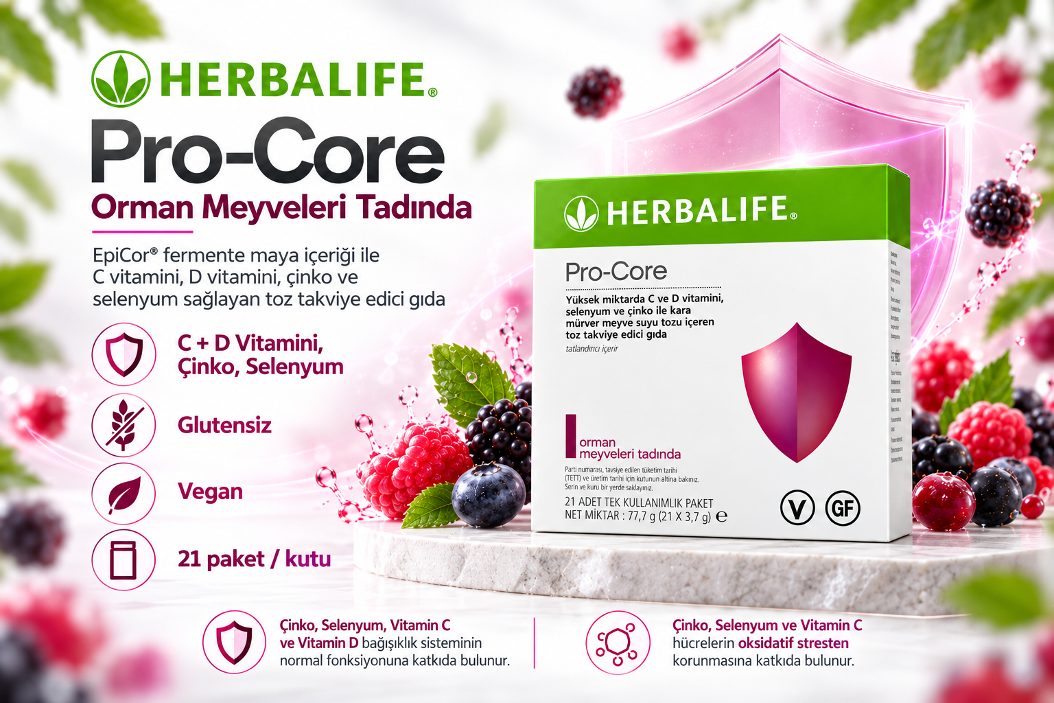 Herbalife Pro-Core Orman Meyveleri Tadında 21 paket kutu görseli, C ve D vitamini, çinko ve selenyum içeren glutensiz ve vegan toz takviye edici gıda.